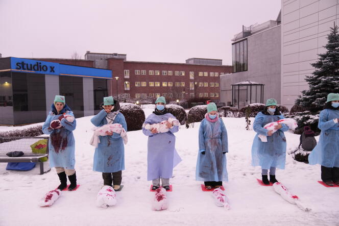 During a demonstration for Israel's ban from the Eurovision Song Contest, outside the premises of the Norwegian Broadcasting Corporation (NRK), in Oslo, on January 31, 2024.