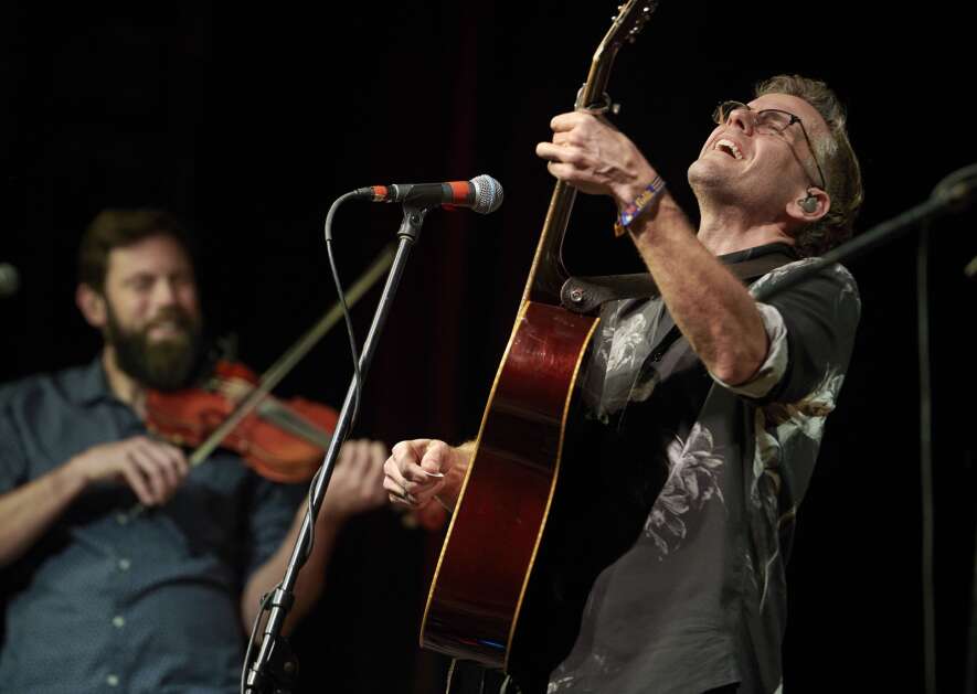 Lead singer Trent Wagler finishes a song as “The Steel Wheels” perform Feb. 24 at CSPS Hall in NewBo in Cedar Rapids. The Americana band -- playing songs that have their roots in folk and country -- was formed in Virginia. (Cliff Jette/Freelance for The Gazette)
