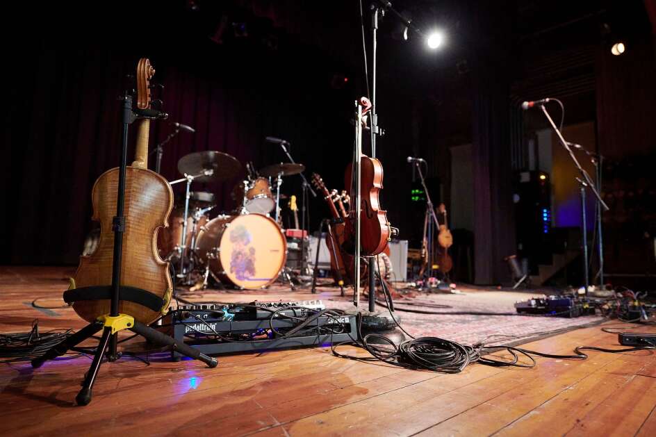 The stage is set Feb. 24 for a performance by Americana band “The Steel Wheels” at CSPS Hall in Cedar Rapids. (Cliff Jette/Freelance for The Gazette)