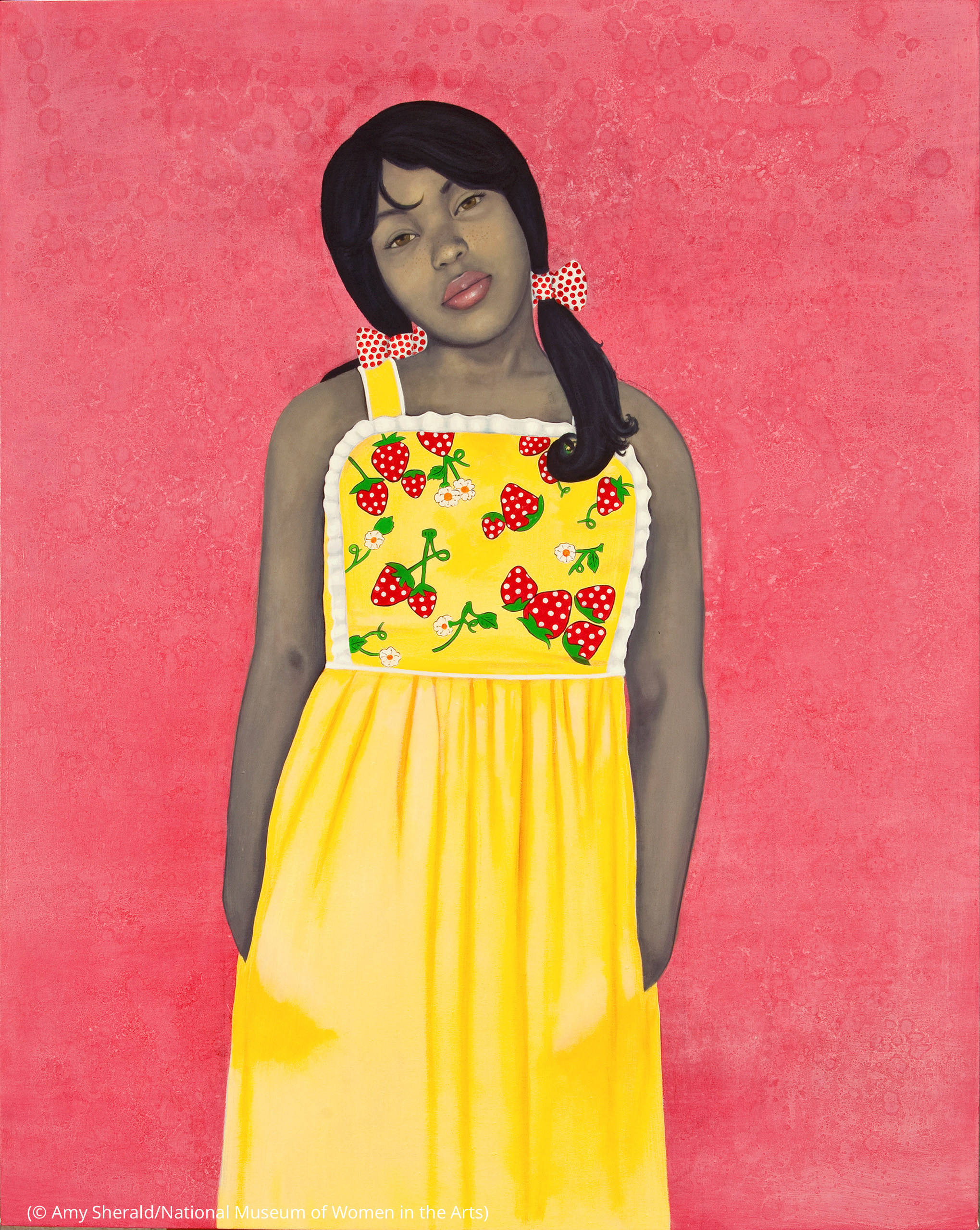 Painting of young woman in yellow sundress with strawberry decorations on its top with red background (© Amy Sherald/National Museum of Women in the Arts)