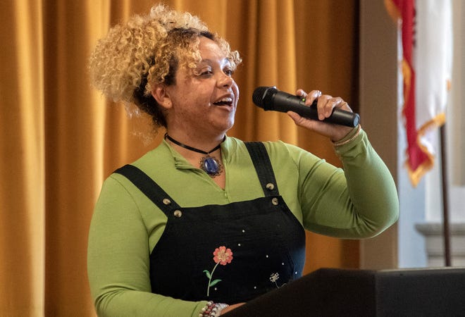 Stockton Poet Laureate Jazmarie LaTour gives a spoken word performance at the Stockton Arts Commission's inaugural Arts Night at the Stockton Memorial Civic Auditorium in downtown Stockton on Mar. 12, 2024. More arts nights are scheduled quarterly from 4:00 to 7:00 p.m on Jun. 5, Sept. 11 and Dec. 11. Artists and performers can apply for upcoming arts nights on the Stockton Arts Commission's page on the City of Stockton's website https://tinyurl.com/ynmxvaxh .