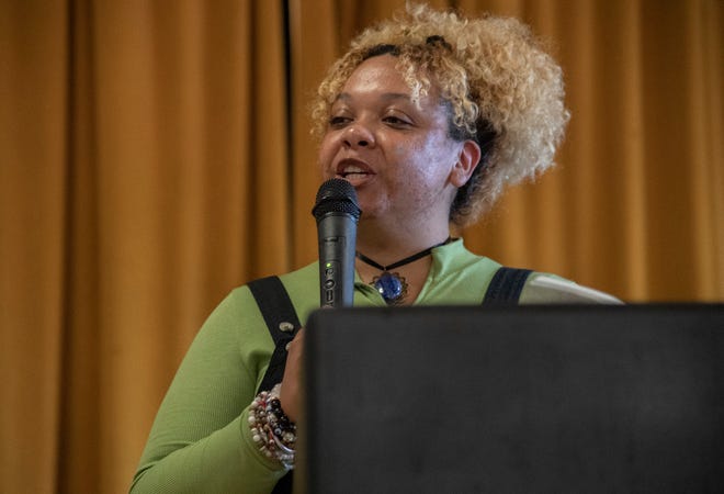 Stockton Poet Laureate Jazmarie LaTour gives a spoken word performance at the Stockton Arts Commission's inaugural Arts Night at the Stockton Memorial Civic Auditorium in downtown Stockton on Mar. 12, 2024. More arts nights are scheduled quarterly from 4:00 to 7:00 p.m on Jun. 5, Sept. 11 and Dec. 11. Artists and performers can apply for upcoming arts nights on the Stockton Arts Commission's page on the City of Stockton's website https://tinyurl.com/ynmxvaxh .