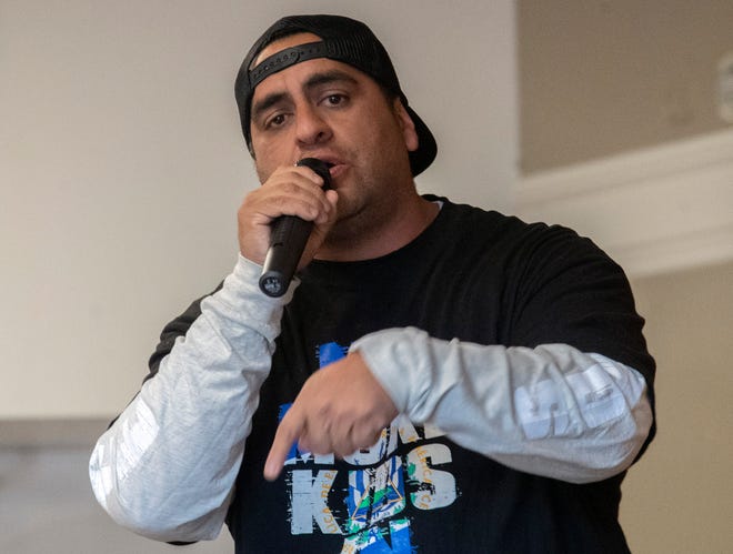 Spoken word artist Alfonso "Fonzo" Grijalva performs a rap at the Stockton Arts Commission's inaugural Arts Night at the Stockton Memorial Civic Auditorium in downtown Stockton on Mar. 12, 2024. More arts nights are scheduled quarterly from 4:00 to 7:00 p.m on Jun. 5, Sept. 11 and Dec. 11. Artists and performers can apply for upcoming arts nights on the Stockton Arts Commission's page on the City of Stockton's website https://tinyurl.com/ynmxvaxh .