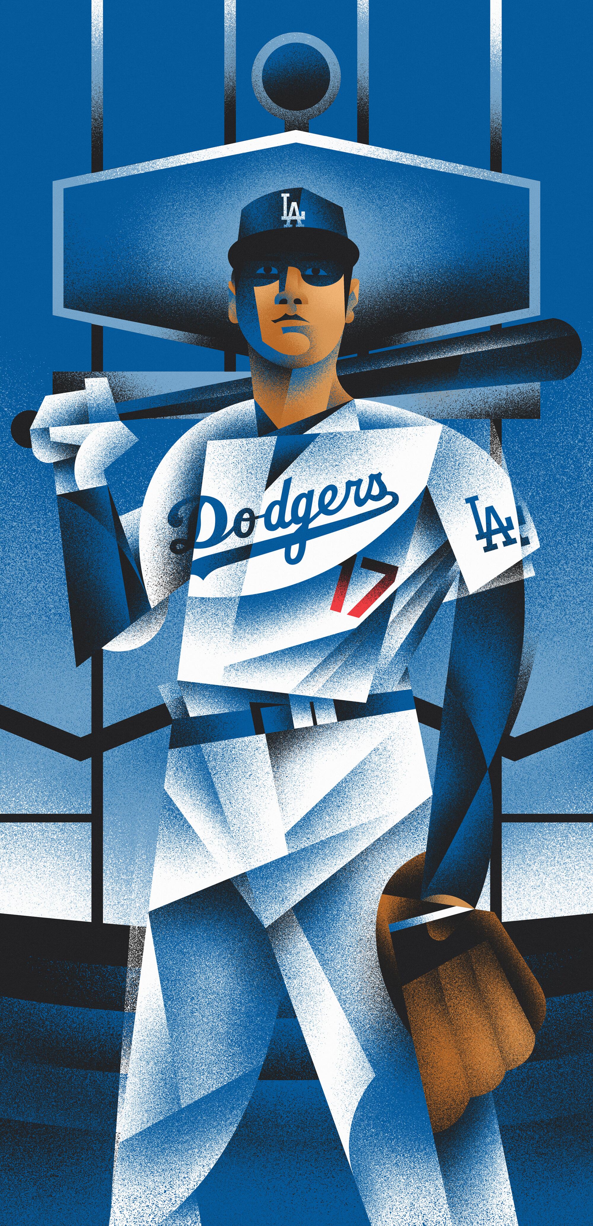 Illustration in cubist style of Shohei Ohtani wearing a Dodgers uniform holding a bat across his shoulders