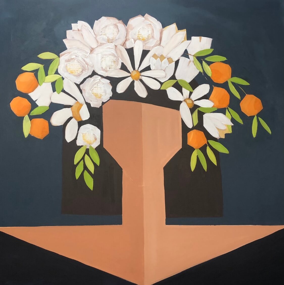 A stylized painting of a faceless woman with white flowers and oranges in her hair against a dark background by Kim Kreis.