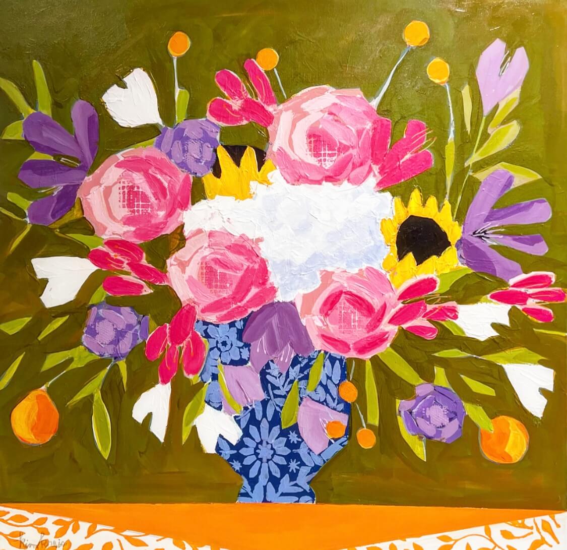 A vibrant, abstract painting of a floral bouquet in a patterned vase by Kim Kreis.