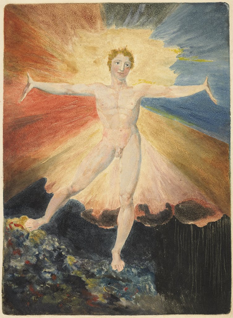 An illustration of a luminous naked male figure radiating light standing on a mountainside.