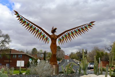 "Bird Woman" by Cheryl Collins and Trent Ripplinger is seen inside the roundabout in St. George, Utah on April 3, 2023 | Photo by Jessi Bang, St. George News