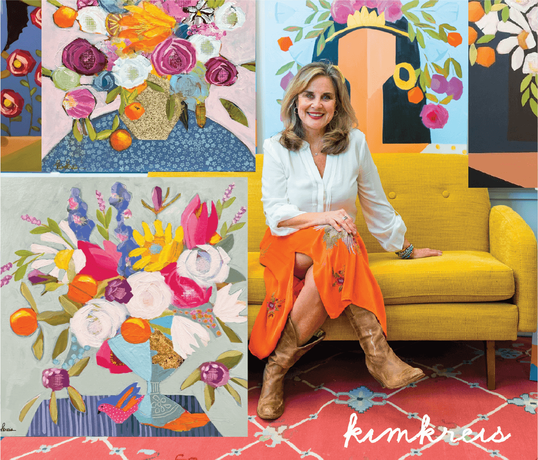 Kim Kreis posing with her vibrant floral artwork displayed in a collage-style layout.