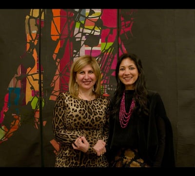 Iterarte co-founders Tamara Chalabi and Shilpa Sharma with a work by Nidhi Khurana at their opening exhibition. Photo: Daniel Nikolaison