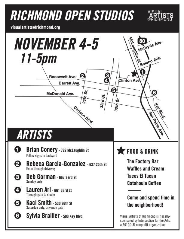 Black and white map of Richmond from Key Blvd to the East, Carlson Blvd. to the west, McBryde Ave to the North and Macdonald Ave to the South (Macdonald is misspelled as McDonald), in that five-black square, six artists' studios are marked with a circle.