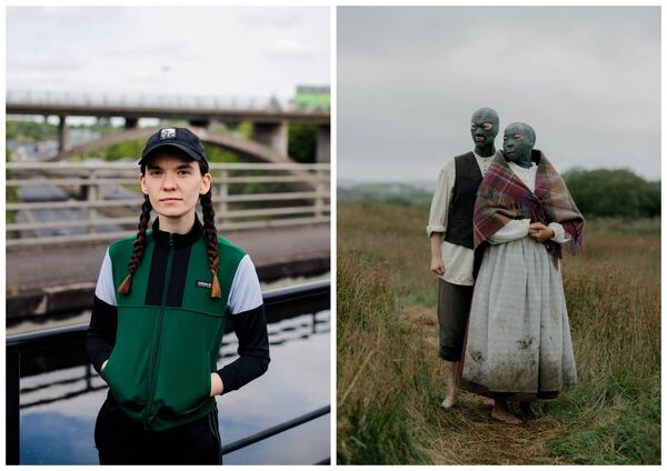Left: Eimear Walshe, who represents Ireland at the Venice Biennale 2024 (Photo: Faolán Carey). Right: Production still from Eimear Walshe's ROMANTIC IRELAND, at the Venice Biennale 2024