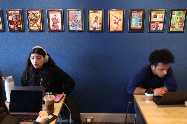 An exhibition of art by Turtel Onli, an illustrator and comic book creator from the South Side, is on display in the cafe at the Reva and David Logan Center for the Arts in Chicago. (Terrence Antonio James/Chicago Tribune)