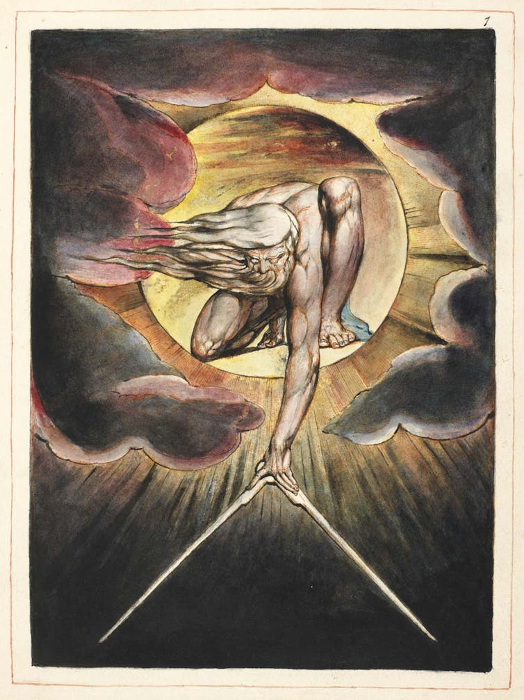 An illustration of a god-like figure with long hair and a beard in the sky looking down on earth with a compass.