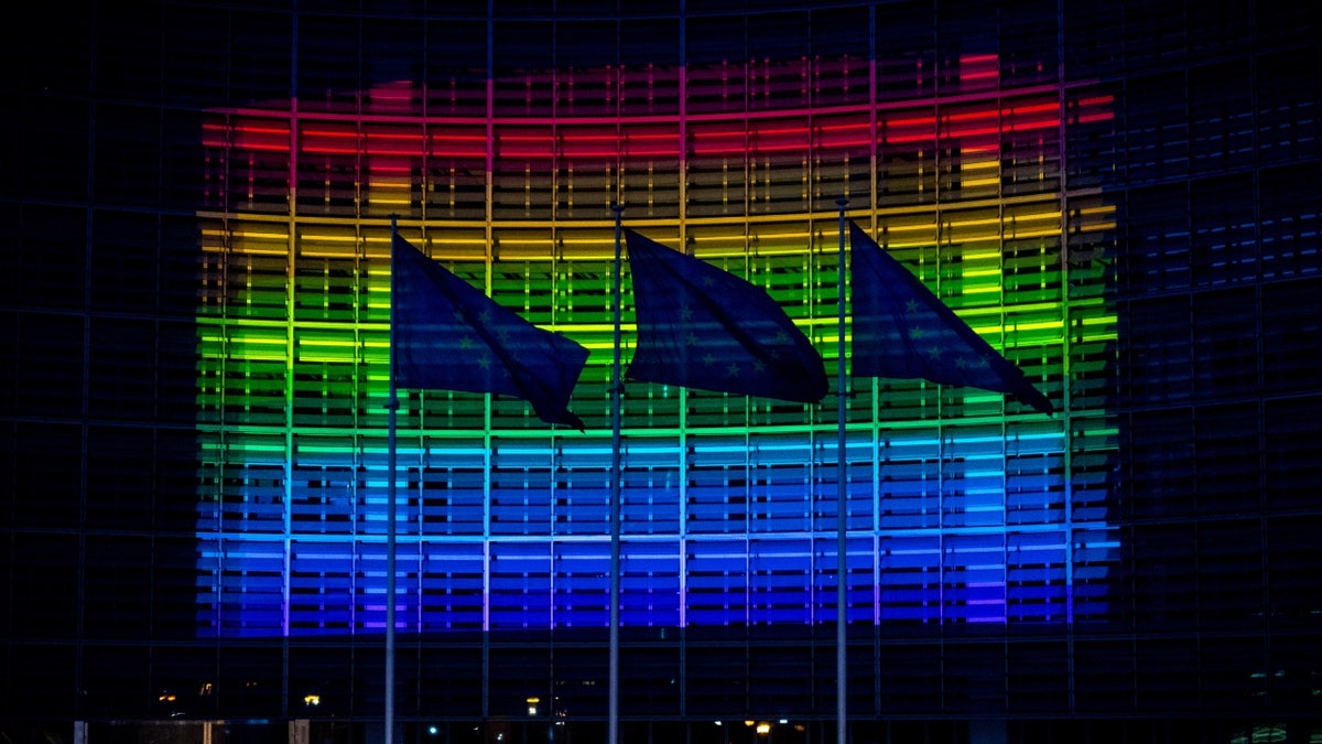 European Commission headquarters with rainbow flags