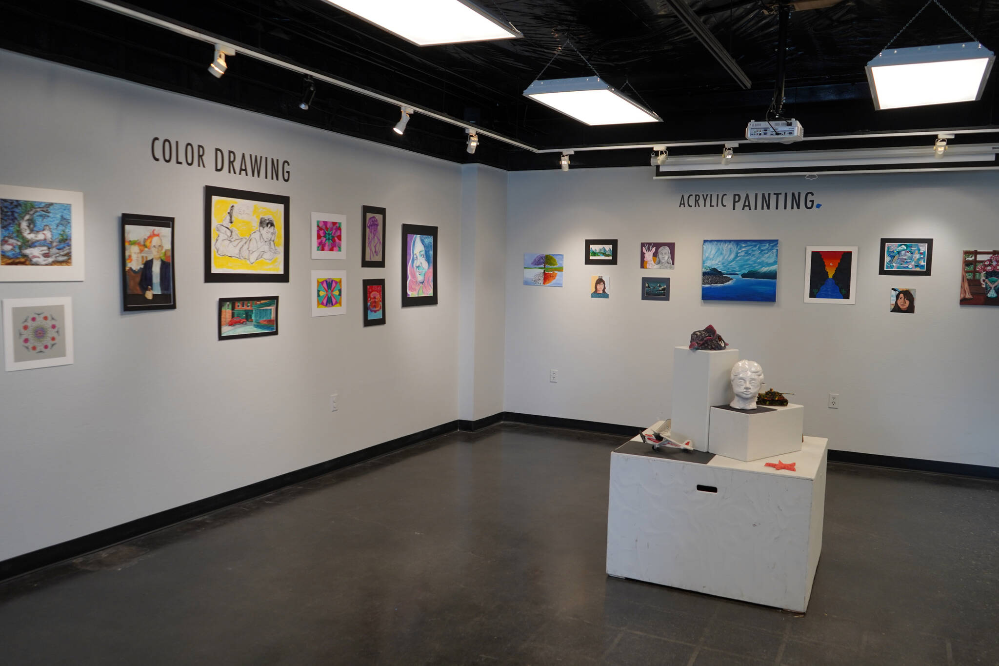 Artwork by Kenai Peninsula Borough School District high school students is displayed as part of the 33rd Annual Visual Feast at the Kenai Art Center on Wednesday, April 3, 2024. (Jake Dye/Peninsula Clarion)