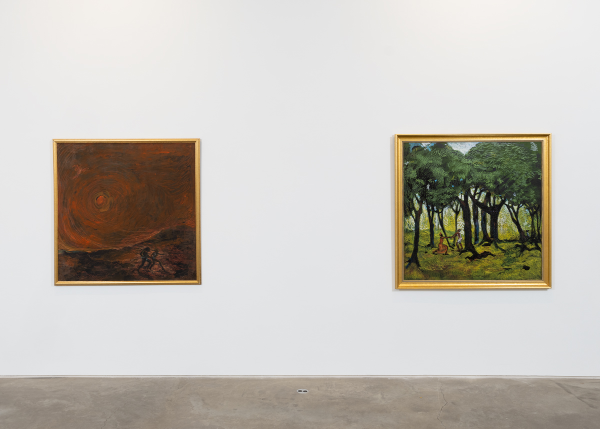 View of two landscape paintings with figures in them installed in a gallery. 