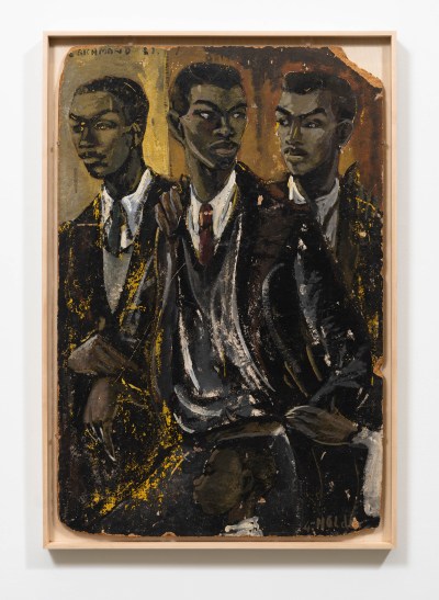 A painting of three Black men in suits, ties, and vests. 
