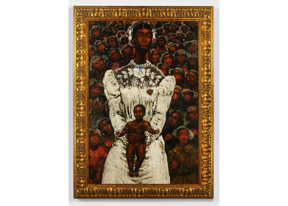 A Black Madonna in a white dress holds a nude Black Christ child in front of a crowd of people. 