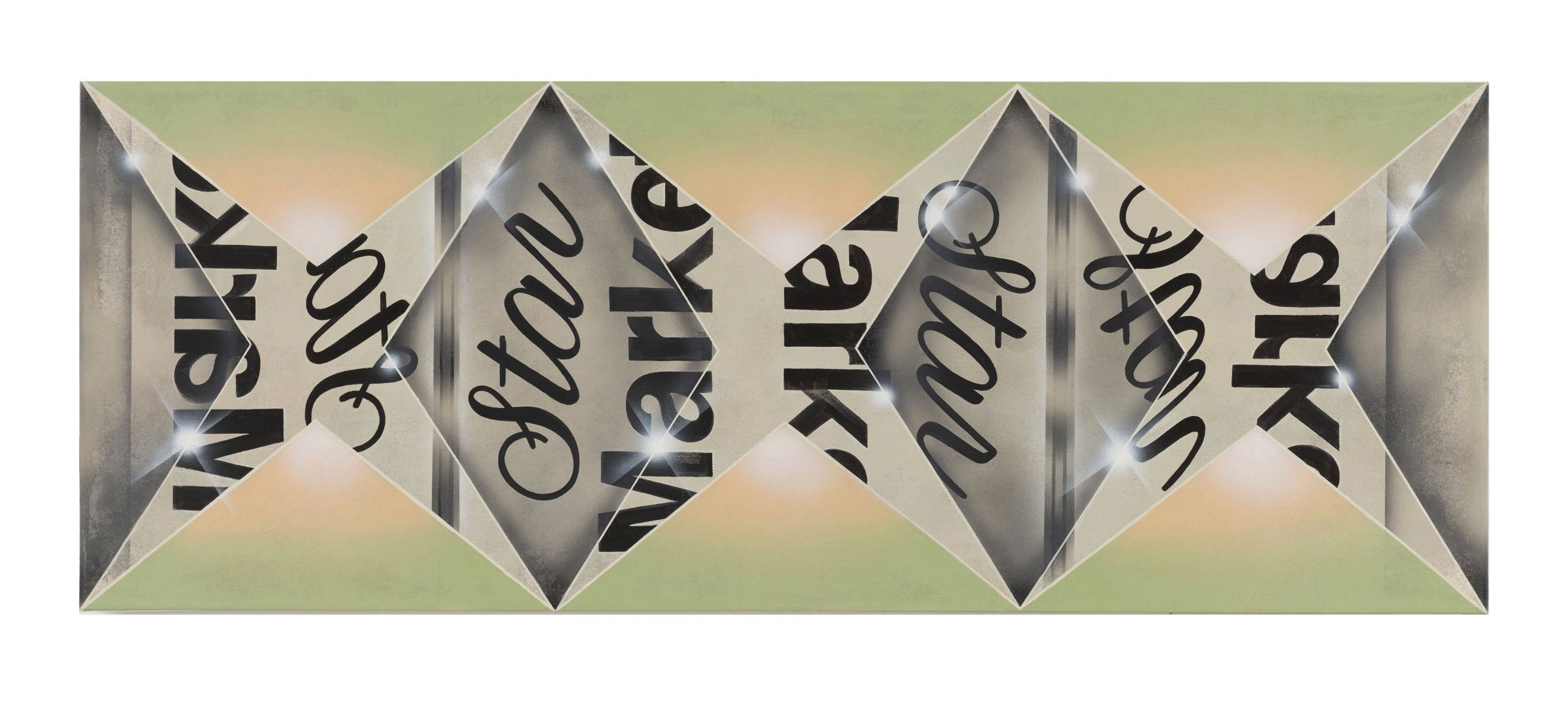 wide painting of diamond shapes with lettering 