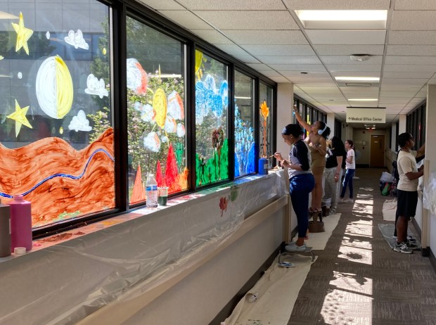 Artists from Hillcrest and Bremen high schools work on a mural project Wednesday, May 1, at Advocate South Suburban Hospital in Hazel Crest in advance of Nurse Appreciation Week. (Paul Eisenberg/Daily Southtown)