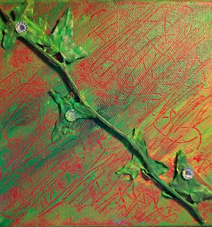 "English Ivy" is a collaged expression using acrylic paint and English ivy collected on a nature walk highlighted with sequins on canvas substrate.