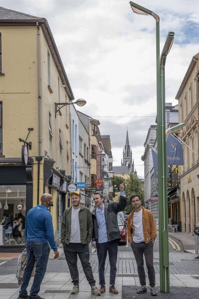 Forerunner artists Tom Watt, Tanad Aaron and Andreas Kindler von Knobloch speaking with members of the public at the unveiling of Boom Nouveau on Cook Street, Cork. Picture: Clare Keogh