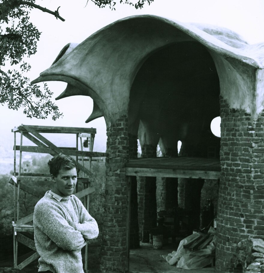 James Hubbell is shown in 1968 with the Ilan-Lael Big Studio under construction. 