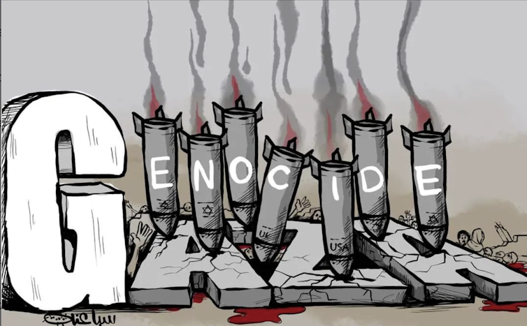 An illustration of the words 'genocide' and 'Gaza.' The word Gaza is capitalized, and the letters 'A,' 'Z,' 'A' appear to have fallen to the ground. The 'G' is shared by the word genocide, with the remaining letters drawn on rockets.