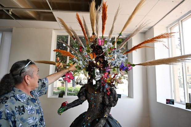 Mario Saucedo talks about his art piece that depicts mother nature on one side and death on the other as Vallejo and Benicia artists come together to put on the Brushstrokes for Earth art show opening at the Temple Arts Loft in downtown Vallejo on Saturday. (Chris Riley/Times-Herald)