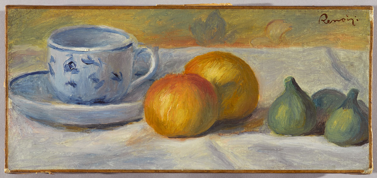 Still life painting of a tea cup and saucer, two oranges, and three green figs on a white tablecloth