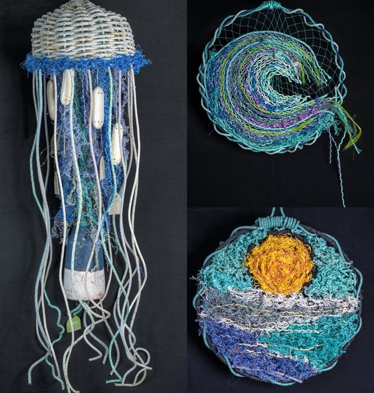 Rebecca Hooper turns old fishing line into jellyfish and wall hangings, some of them incorporating old crab rings that include netting that acts like a loom.