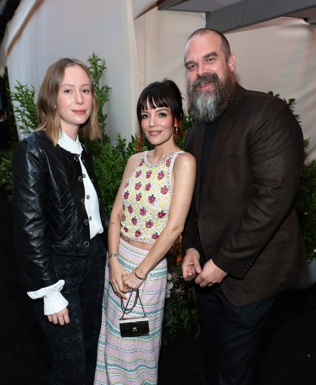 NEW YORK, NEW YORK - JUNE 10: (L-R) Hannah Einbinder, wearing CHANEL, Lily Allen, wearing CHANEL, and David Harbour attend the CHANEL Tribeca Festival Artists Dinner at The Odeon on June 10, 2024 in New York City.  (Photo by Dimitrios Kambouris/WireImage)