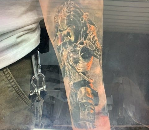 A picture taken by tattoo artist Jeffrey Wallich. This one shows the Predator, from the popular Predator franchise.