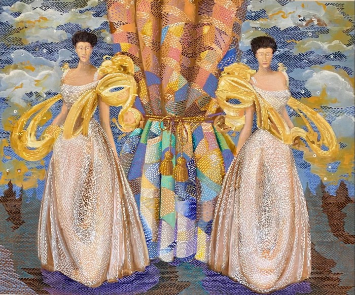 In a painting, the same young, dark-haired woman is captured mirrored in a specular way. Both women wear a low-necked ivory dress with a golden shawl while standing at either side of a colourful patchwork curtain hanging in the centre of a rural landscape.