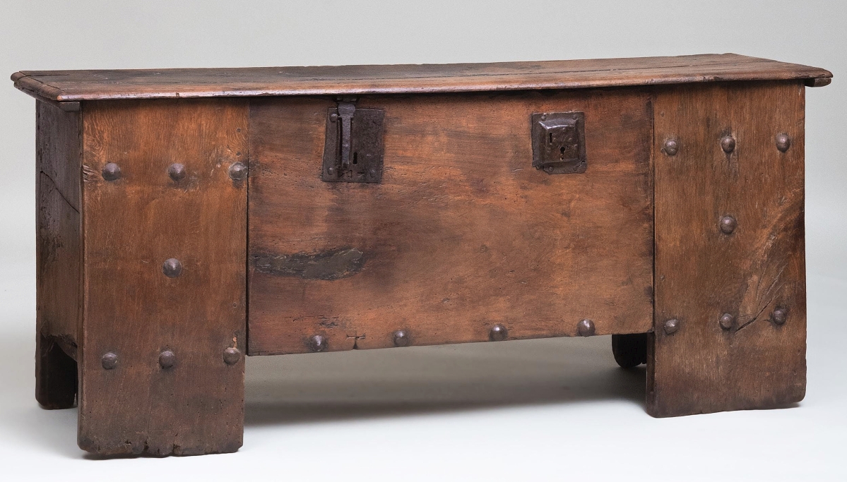 “Stollentruhe” in German means studded chest. This iron-studded oak example from the Westphalia region finished at $6,500 against a $1,5/3,000 estimate. It opens to a welled interior and measures 31½ by 72 by 20½ inches.