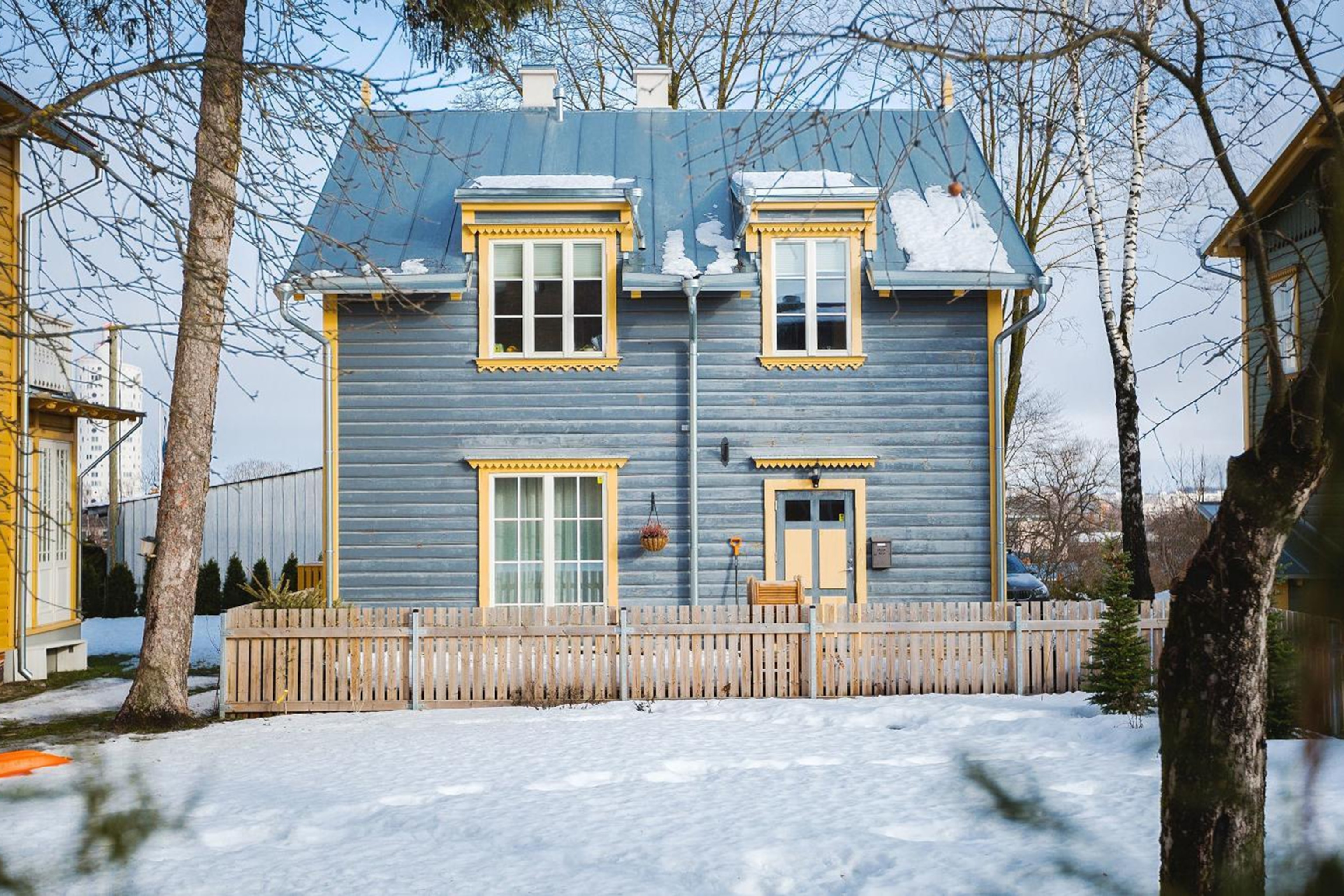 A traditional wooden blue house in Estonia