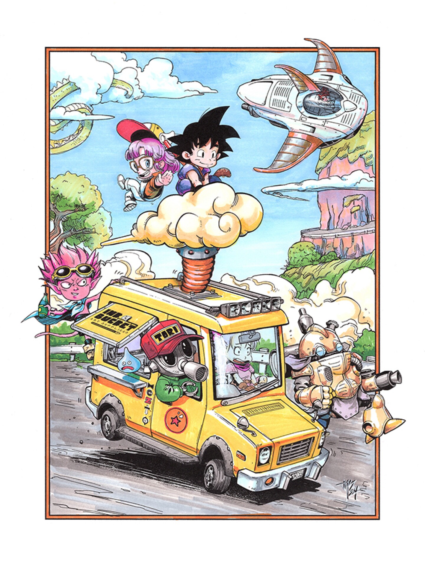 Goku and friends ride on a food truck in this undated illustration.