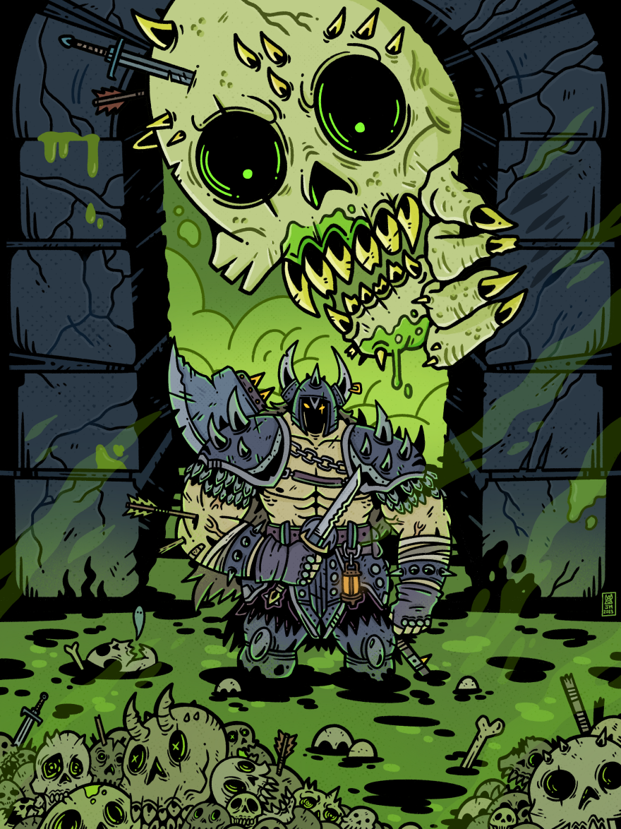 A barbarian warrior stands knee-deep in green fluid with an ominous figure looming from behind. 