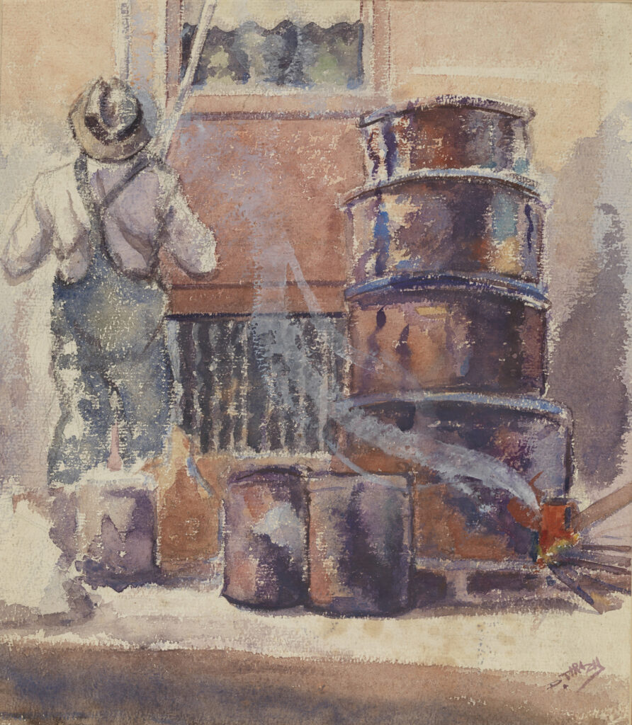 “Untitled [Figure with oil barrels],” mid 20th century by Dox Thrash. Credit: Courtesy of the Pennsylvania Academy of the Fine Arts. Gift of Dr. Constance E. Clayton in loving memory of her mother Mrs. Williabell Clayton, 2019.3.60