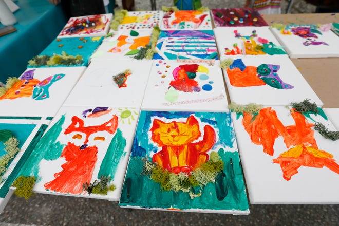 Works of art painted by local kids at FoxSaid Festival at the Cotton Press in Athens, Ga., on Saturday, July 27, 2024. The art and music festival featured interactive art with a number of local artists and raised money for art education in local schools.