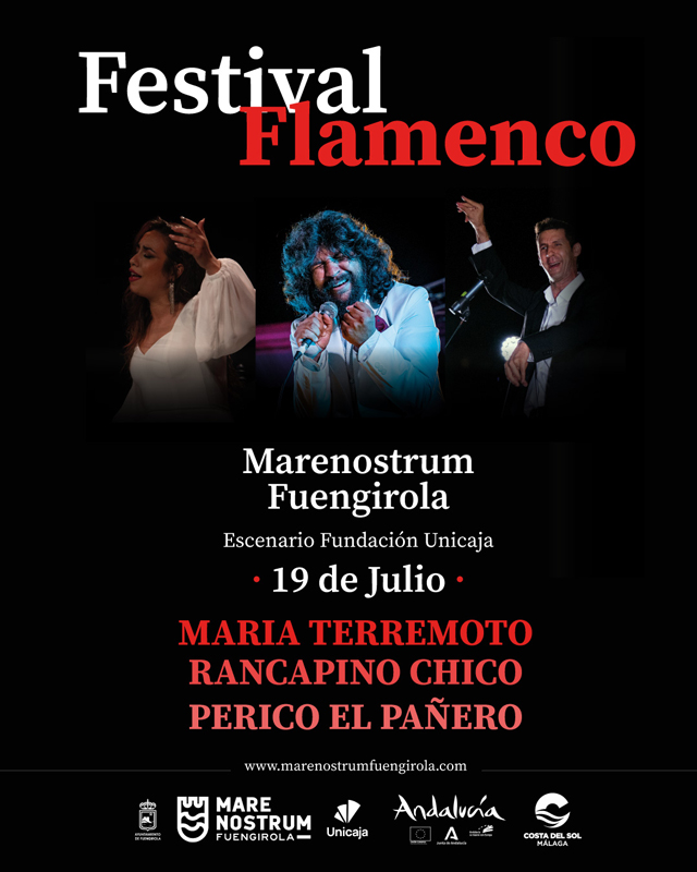 Flamenco Festival Marenostrum Fuengirola poster. It features photos of the three artists.