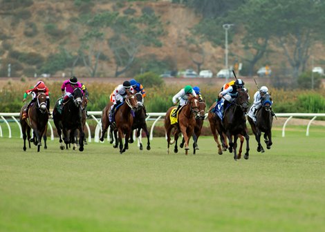 Anisette and jockey Umberto Rispoli, second from right, win the Grade II, $200,000 San Clemente Stakes, Saturday, July 22, 2023 at Del Mar Thoroughbred Club, Del Mar CA.<br>
© BENOIT PHOTO