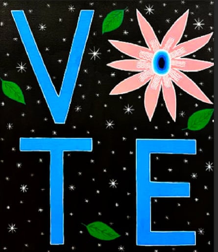 A piece of art: large blue letters reading 'VOTE', with a flower in place of the O, against a black starry background with green leaves