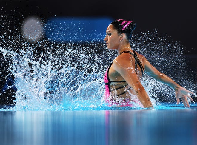 Anita Alvarez of Team USA performs during the women's duet free at the Aquatics Centre in Paris on May 4, 2024.