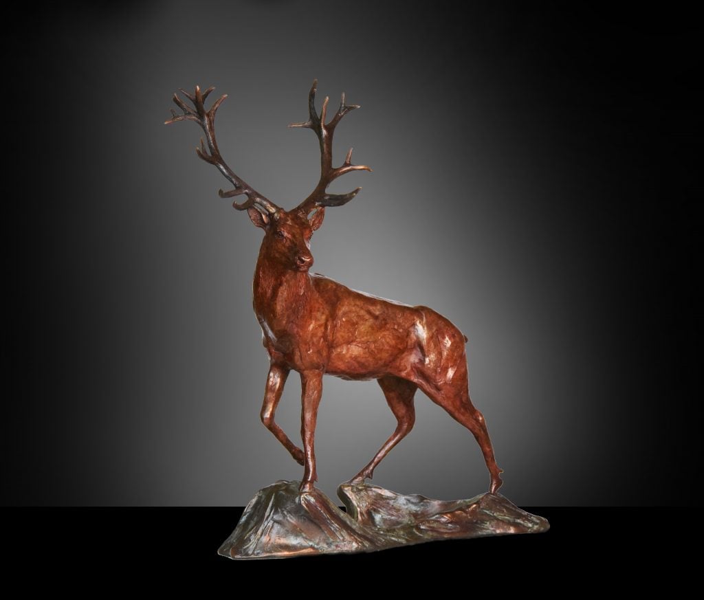 Bronze sculpture with red patina of a life-size stag in bronze.