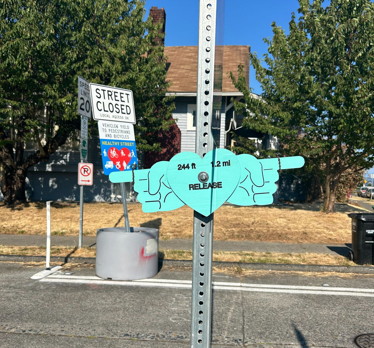 A teal sign shaped like a heart with pointing hands on either side is attached to a street pole. The sign reads "244 ft" on the left, "1.2 mi" on the right, and "RELEASE" in the center. Behind it, additional street signs are visible, including a "Street Closed" sign and a speed limit sign.