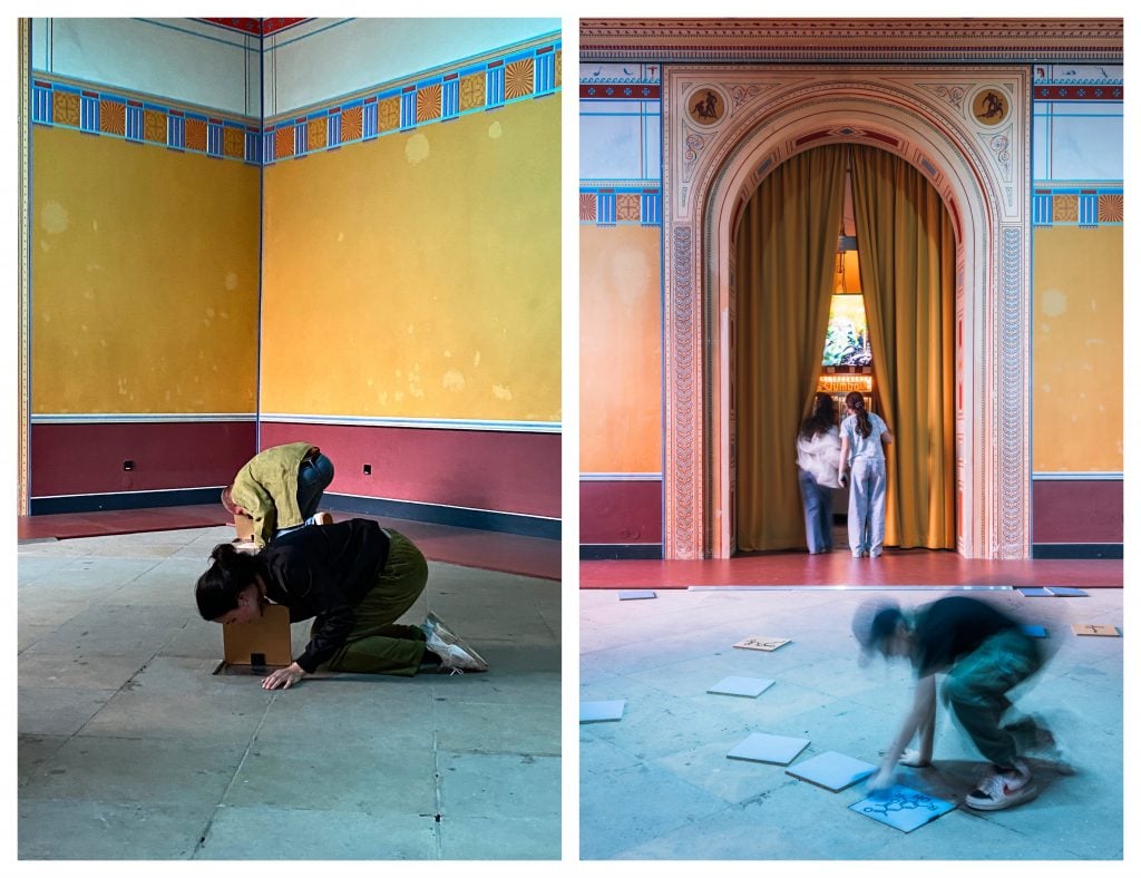 children smell tiles in a game at a museum 