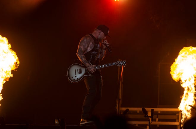 Brantley Gilbert performs before Nickelback at Bridgestone Arena in Nashville, Tenn., Tuesday, Aug. 1, 2023.