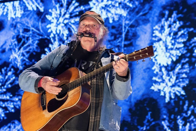 Canadian musician Neil Young performs during the Farm Aid Music Festival at the Ruoff Music Center on September 23, 2023 in Noblesville, Indiana.